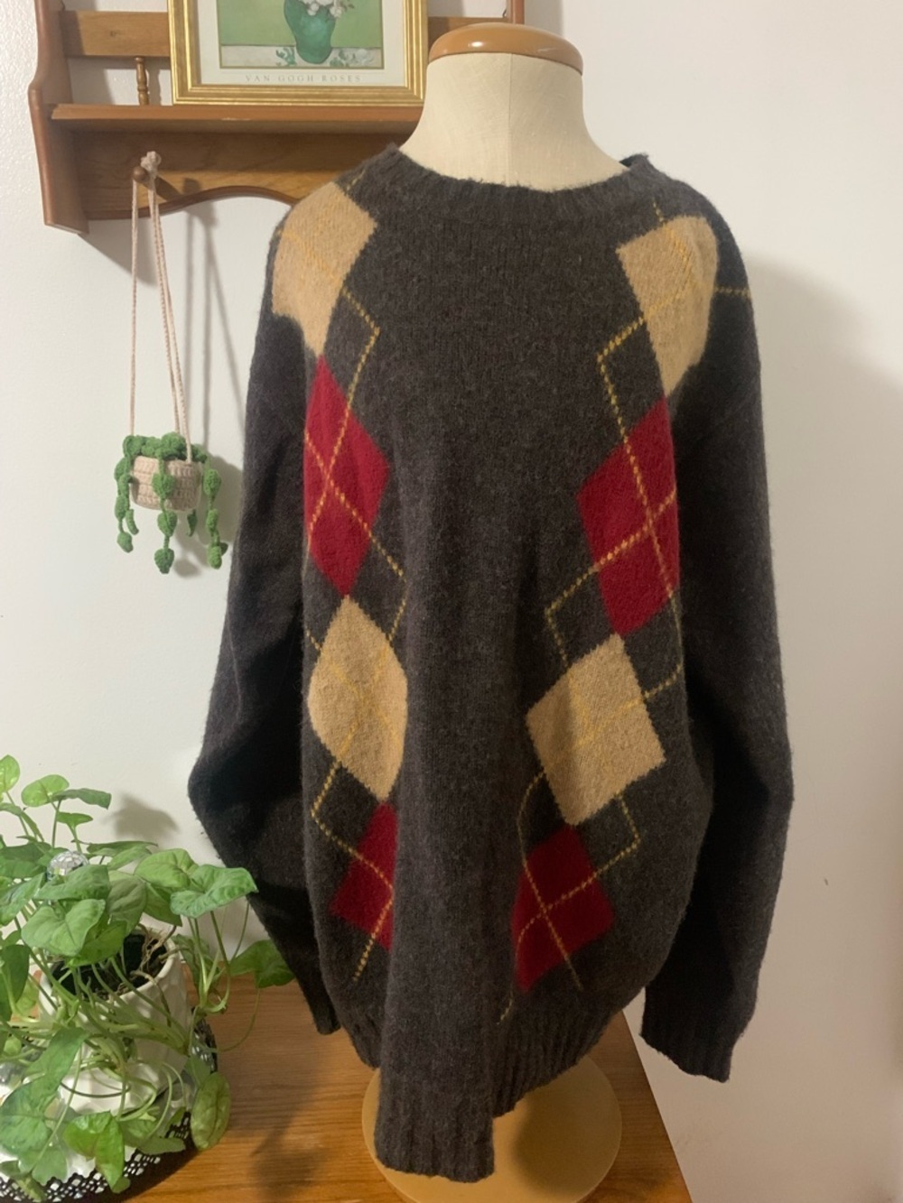 Eddie Bauer Vintage 90s y2k 100% Lambswool Argyle SweaterSize L - Picture 4 of 16